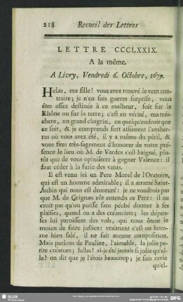 Lettre CCCLXXIX. A la même. A Livry, Vendredi 6. Octobre, 1679