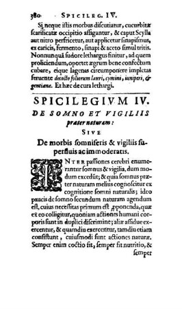 Spicilegivm IV. De Somno Et Vigiliis præter naturam: Sive De morbis somniferis & vigiliis superfluis ac immoderatis.
