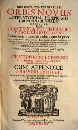 Thesaurus practicus : cum continuatione. 2. Orbis novus sive continuatio Thesauri practici. - 1679
