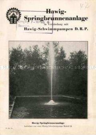 Hawig-Springbrunnenanlage in Verbindung mit Hawig-Schwimmpumpen D.R.P.