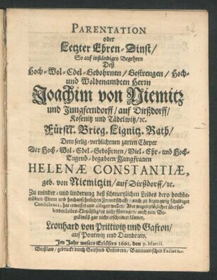 Parentation oder Letzter Ehren-Dinst ...