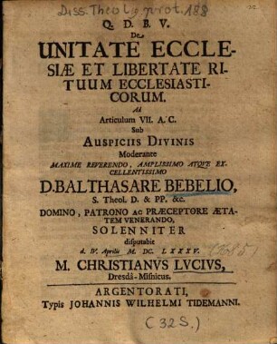 De Unitate Ecclesiae Et Libertate Rituum Ecclesiasticorum : Ad Articulum VII. A. C.