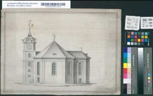[Aufrisse, Querschnitte und Grundriss einer unbekannten evangelischen Kirche; lt. altem Kartenverzeichnis in Mülheim]. Leydte (?) fecit: Mülheim