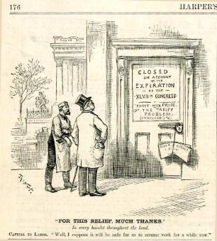 "For this relief, much thanks." In every hamlet throughout the land. Capital to labor. "Well, I suppose it will be safe for us to resume work for a while now." : ein Arbeiter und ein Arbeitgeber stehen vor der verschlossenen Tür des Kongresses