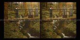 Zwei Frauen und ein Kind an einem Bach mit Brücke im Wald, Finsterbergen