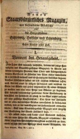 Neues staatsbürgerliches Magazin mit besonderer Rücksicht auf die Herzogthümer Schleswig, Holstein und Lauenburg. 1, 1. 1832
