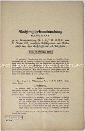Nachtragsbekanntmachung des Kriegsministeriums über die Beschlagnahme und Meldepflicht von Großviehtierhäuten