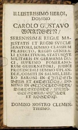 Illustrissimo Heroi, Domino Carolo Gustavo Wrangeln/ [...]