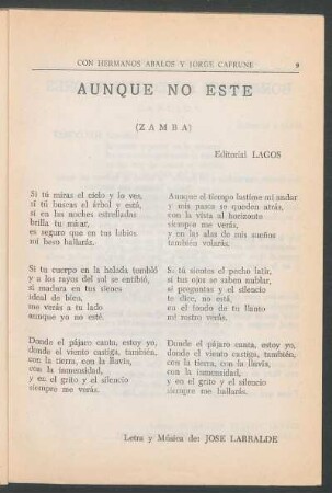 Aunque no este : (Zamba). - Editorial Lagos