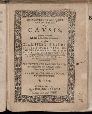 Quaestiones Aliquot Metaphysicae De Causis