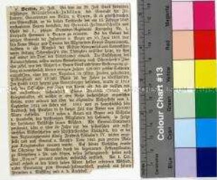 Zeitungsausschnitt anlässlich des 50. Militärdienstjubiläums von Hermann von Boyen mit Rückblick auf seine militärischen Leistungen