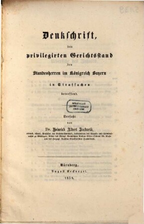 Denkschrift, den privilegirten Gerichtsstand der Standesherren im Königreich Bayern in Strafsachen betreffend