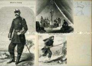 Uniformdarstellung, Porträt Generalleutnant Antonio Ros de Osano, Offiziere im Zelt, Baskischer Freiwilliger, Mützen-Schema, Spanien, 1860. Zeitungsauschnitte aus: Illustrirte Zeitung, Januar 1860. Handzeichnung Ludwig Burger.