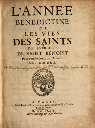 L' Année Benedictine Ov Les Vies Des Saints De L'Ordre De Saint Benoist : Pour tous les jours de l'année, 6. Novembre