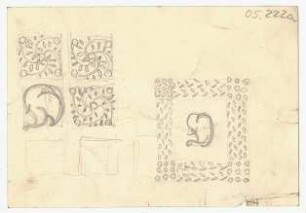 Ornamentskizzen : Fünf quadratische Ornamente, drei unfertige Skizzen