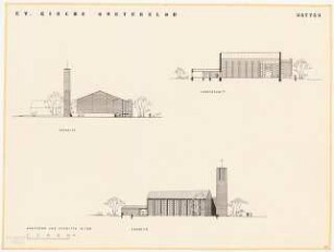 Evangelische Kirche, Gütersloh: Ansicht Süd/Ost, Längsschnitt 1:200