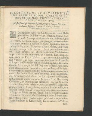 Illustrissime Et Reverendissime Archiepiscope Gnesnensis, Regni Primas ...