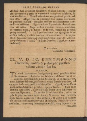 Cl. V. D. Io. Kentmanno Dresdensi, medico & philosopho praestantissimo, amico suo honorando.