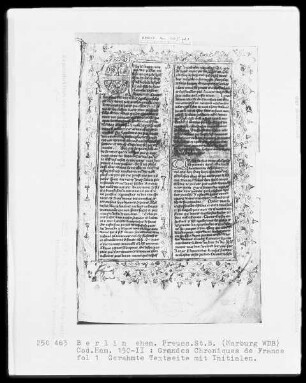 Chroniques de France in zwei Bänden — Chroniques de France, Band 2 — Gerahmte Textseite mit Initialen E und A, Folio 1recto