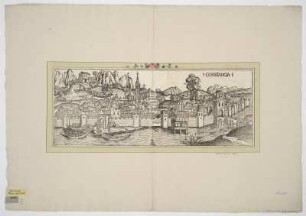 Ansicht von Konstanz, Holzschnitt, um 1493 : Constancia / [Hartmann Schedel. Holzschnitte von Michael Wolgemut, Wilhelm Pleydenwurff]. - [Nuremberge] : [Koberger] , [1493]. - 1 Ansicht : Holzschn. ; 53 x 20 cm. Auch enth. in: H. Schedel: Weltchronik