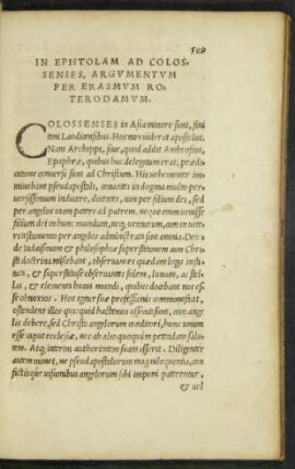 In Epistolam Ad Colossenses, Argumentum Per Erasmum Roterodamum.
