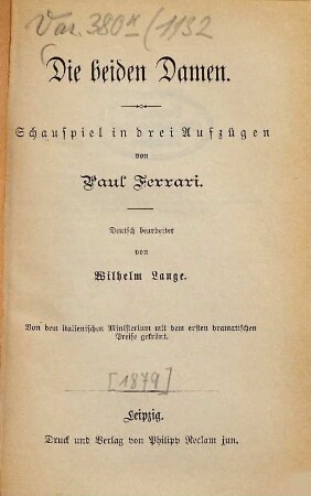 Die beiden Damen : Schauspiel in 3 Aufzügen