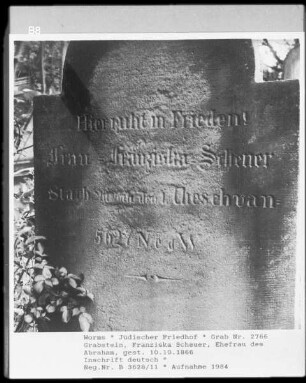 Grabstein von Franziska Scheuer, Ehefrau des Abraham (gestorben 1866.10.10)