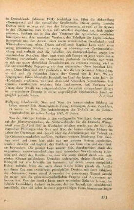 371-372 [Rezension] Schadewaldt, Wolfgang, Sinn und Wert der humanistischen Bildung im Leben unserer Zeit