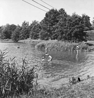 Lütjensee: vorn Badestelle: im Wasser Kinder und Frau: links und hinten Schilf: am gegenüberliegenden Ufer Bäume: oben Stromleitungen