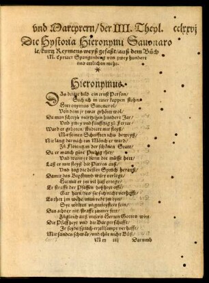 Die Hystoria Hieronymi Savonarole/ kurtz Reymens weyß gefaßt/ auß dem Buch M. Cyriaci Spangenberg ...