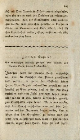 Zweites Kapitel. Ein anmuthiges Gespräch zwischen Don Quixote und Sancho Pansa, seinem Stallmeister
