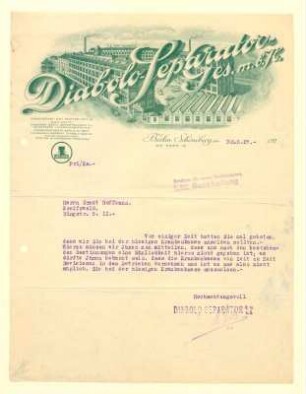 Brief von Buchhaltung von Fabrik Diabolo-Separato GmbH an Ernst Hoffman