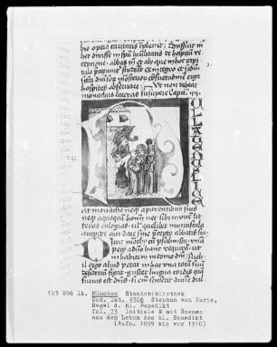 Stephan von Paris, Auslegung der Regel des heiligen Benedikt — Initiale N (ulla), darin Benedikt erhält die Nachricht vom Tode seines Widersachers, Folio 73recto