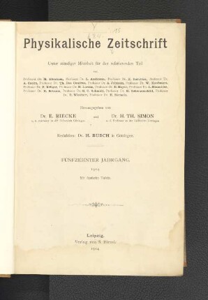 15.1914: Physikalische Zeitschrift