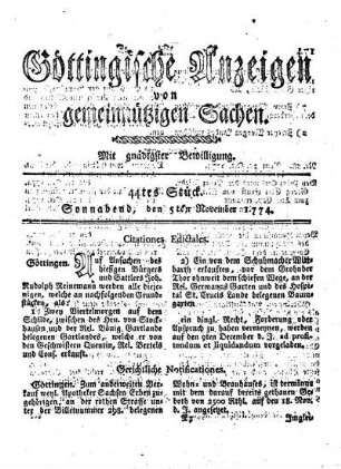 44tes Stück. Sonnabend, den 5ten November 1774.