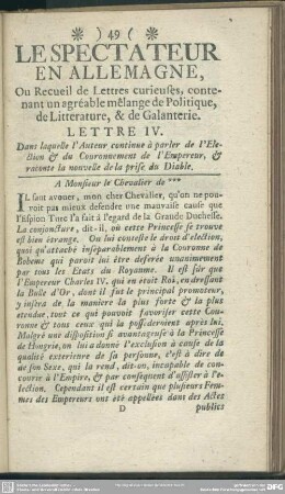Lettre IV. Dans laquelle l'Auteur continue à parler de l'Election & du Couronnement de l'Empereur, & raconte la nouvelle de la prise du Diable