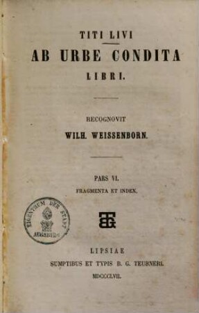 Titi Livi Ab urbe condita libri, 6.. Fragmenta et index