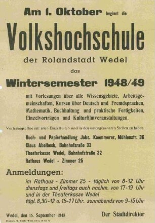 Am 1. Oktober beginnt die Volkshochschule der Rolandstadt Wedel das Wintersemester 1948/49