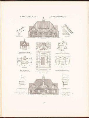 Irrenhaus, Berlin-Buch: Grundriss EG, 1.OG, Vorderansicht, Rückansicht, Seitenansicht, Querschnitt, Details Landhaus für Frauen (aus: Neubauten der Stadt Berlin, Bd. VII, 1908)