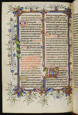 Initiale H mit Bordürenstäben (Vollbordüre) und Fadenranken (Purificatio Mariae)