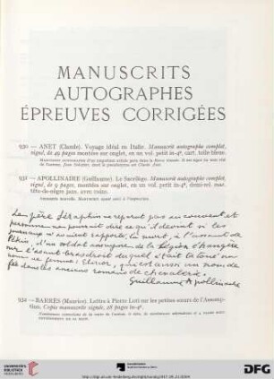 Manuscrits autographes épreuves corrigées (Nr. 930-1038)