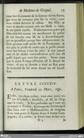 Lettre CCCCXIV. A Paris, Vendredi 22. Mars, 1680