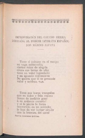 Improvisación del gaucho Sierra dedicada al insigne literato español Don Márcos Zapata