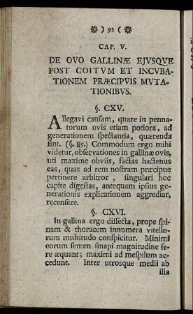 Cap. V. De Ovo Gallinæ Ejusque Post Coitum Et Incubationem Præcipuis Mutationibus.