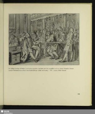 Der fleißige Lehrling ist Ratsherr von London geworden, der faule wird ihm vorgeführt und von seinem Komplicen belastet. Lavierte Federzeichnung zu Blatt X der Kupferstichfolge „Fleiß und Faulheit“, 1747