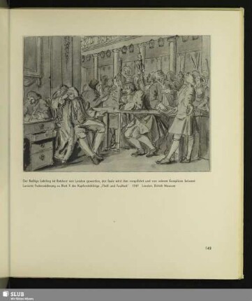 Der fleißige Lehrling ist Ratsherr von London geworden, der faule wird ihm vorgeführt und von seinem Komplicen belastet. Lavierte Federzeichnung zu Blatt X der Kupferstichfolge „Fleiß und Faulheit“, 1747