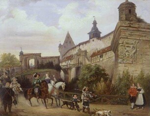 Ausritt einer Jagdgesellschaft vor dem Burgtor der Veste Coburg