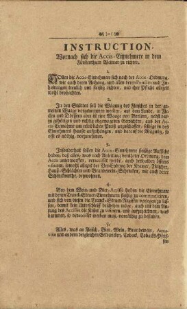 Instruction, Wornach sich die Accis-Einnehmere in dem Fürstenthum Weimar zu richten.