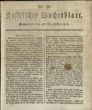 No. 91, Sonnabend den 13ten November 1813