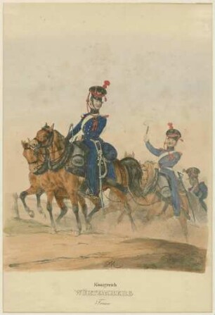 Trainsoldaten in Uniform, Mütze mit Ausrüstung zu Pferd
